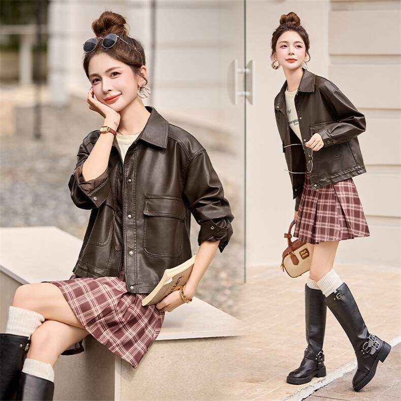 欧货棕色皮衣外套女春秋2025新款复古流行pu皮短夹克高级感小个子，女装皮衣，美拉德工厂直营店