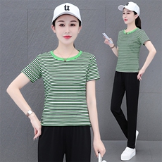 燕颉条纹运动套装女夏天2023新款时尚洋气短袖薄款休闲服两件套，女装套装/套裙，燕颉服饰