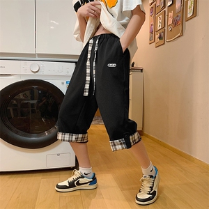 华夫格运动七分裤男夏季宽松过膝短裤ins潮牌大码休闲7分裤子k27图片