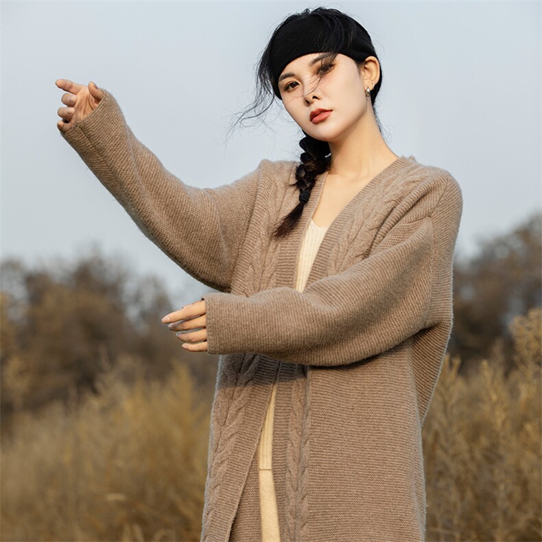 慵懒中长款山开衫女秋冬新款韩版宽松腰带针织外套大衣厚,女装羊毛衫,奢优羊绒