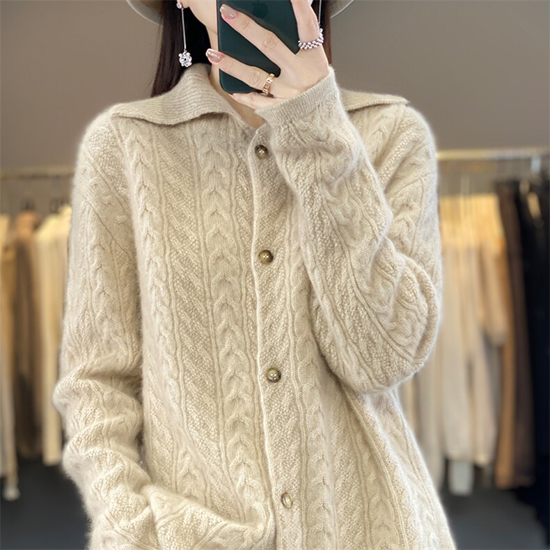 羊毛针织开衫女秋冬新款纯色绞花宽松加厚翻领外套毛衣,女装羊毛衫,蒙莲贝斯