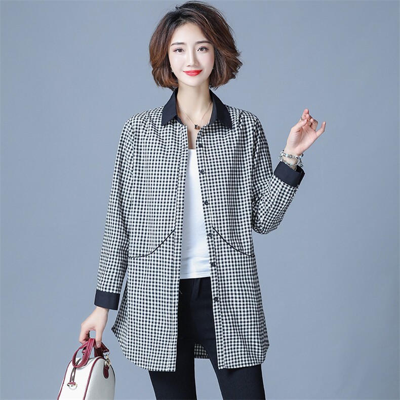 2025年秋款黑白格中长款大口袋衬衫舒适潮流气质修身显瘦时髦休闲，女装衬衫，风姿绰