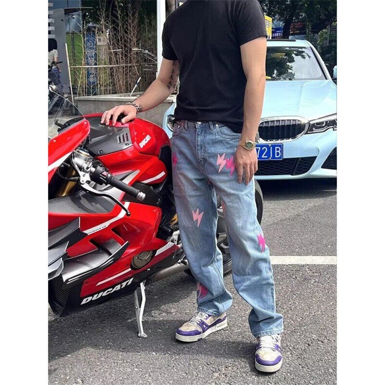 Q70/P48港风潮男夏季闪电牛仔裤嘻哈ins潮高街潮流痞帅长裤,男装牛仔裤,星座1506