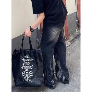 美式直筒水洗扎染牛仔裤秋季潮束脚纯色常规青少年运动裤宽松型图片