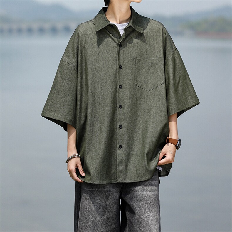 8XL-M冰丝牛仔短袖衬衫男款夏季薄款宽松慵懒衬衣外套DC28006P60,男装T恤,电商B312