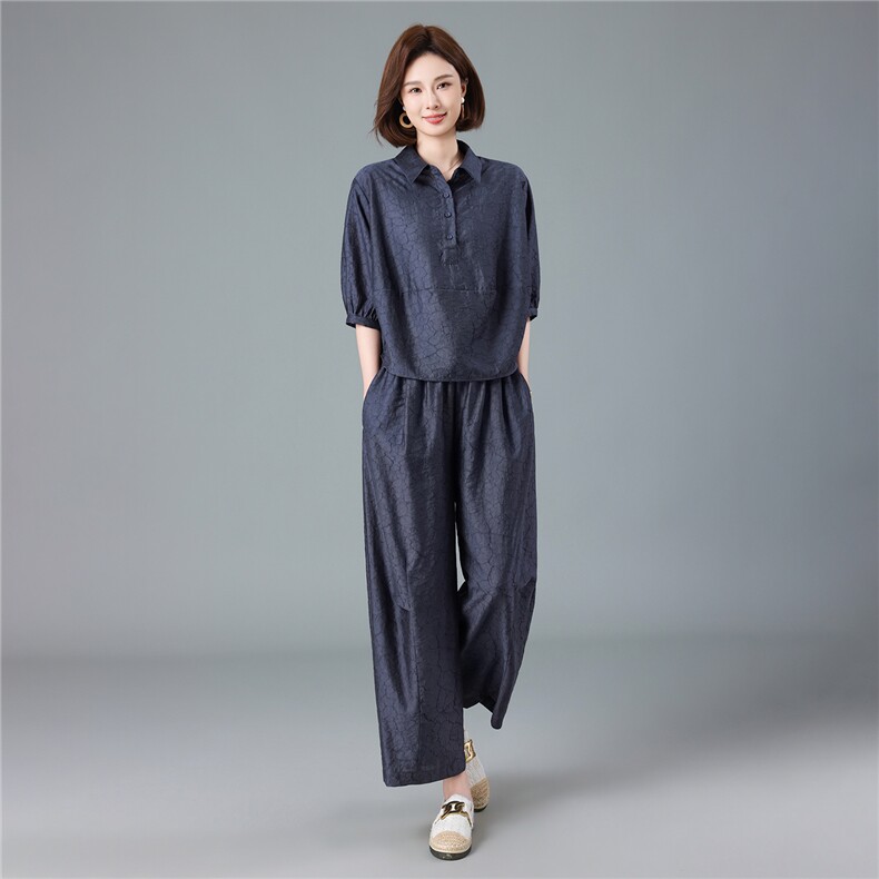 现货2026夏季新款宽松大码洋气减龄莱赛尔提花衬衫套装两件套,女装套装/套裙,深水步