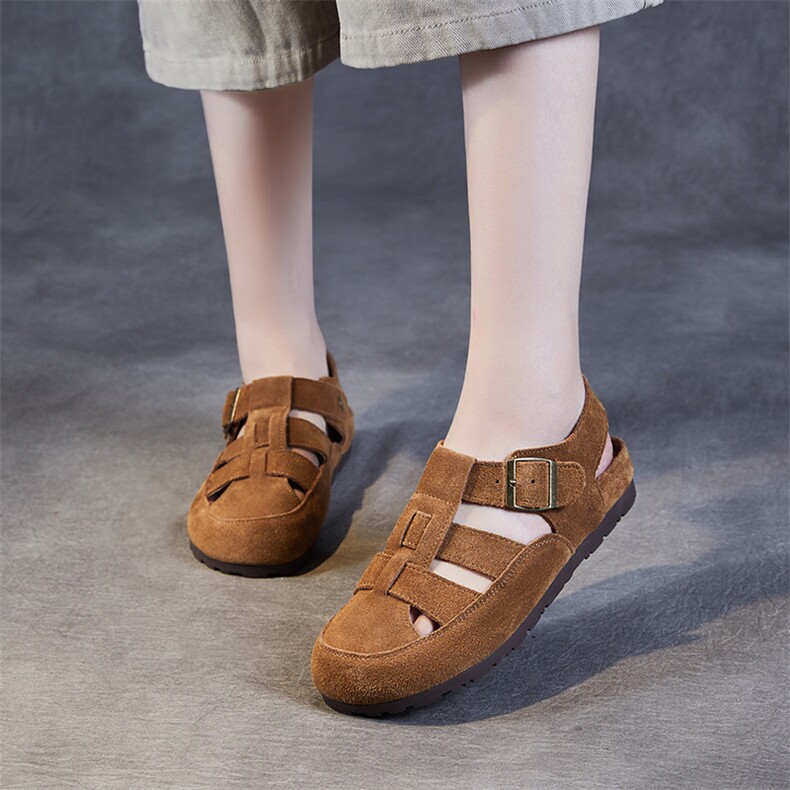 罗马包头真皮凉鞋女2024新款夏季仙女风复古百搭厚底磨砂皮沙滩鞋，女鞋凉鞋，电商A223