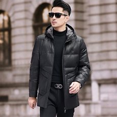 冬季新款男士真皮羽绒服连帽中长款皮衣绵羊皮轻便外套保暖大衣厚，男装皮衣，电商B360