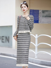 轻奢小香风套装裙女春秋2023新款重工流苏条纹开衫包臀半裙两件套，女装套装/套裙，布芭啦
