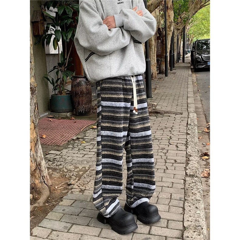 大码胖mm灰色条纹毛呢阔腿卫裤女秋冬季松紧腰宽松直筒拖地裤子潮,男装休闲裤,星座506A