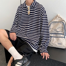 2021日系潮流复古牛角扣卫衣休闲宽松条纹长袖POLO衫W1841-P33，男装卫衣，星座512-2