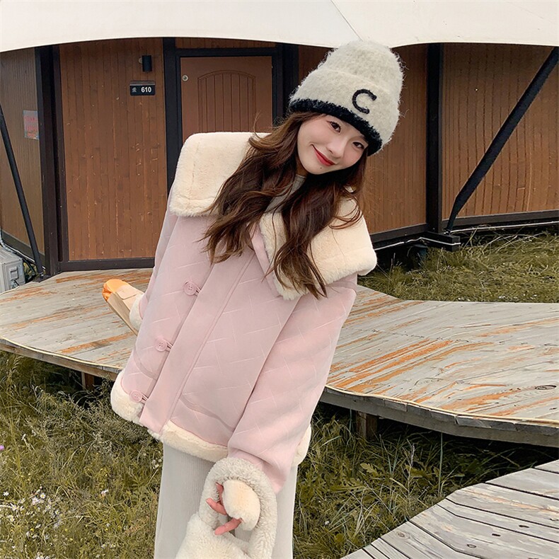 粉色短款娃娃领羊羔毛外套小个子甜美减龄加厚棉服D3071P195K278，女装棉衣/棉服，维壹