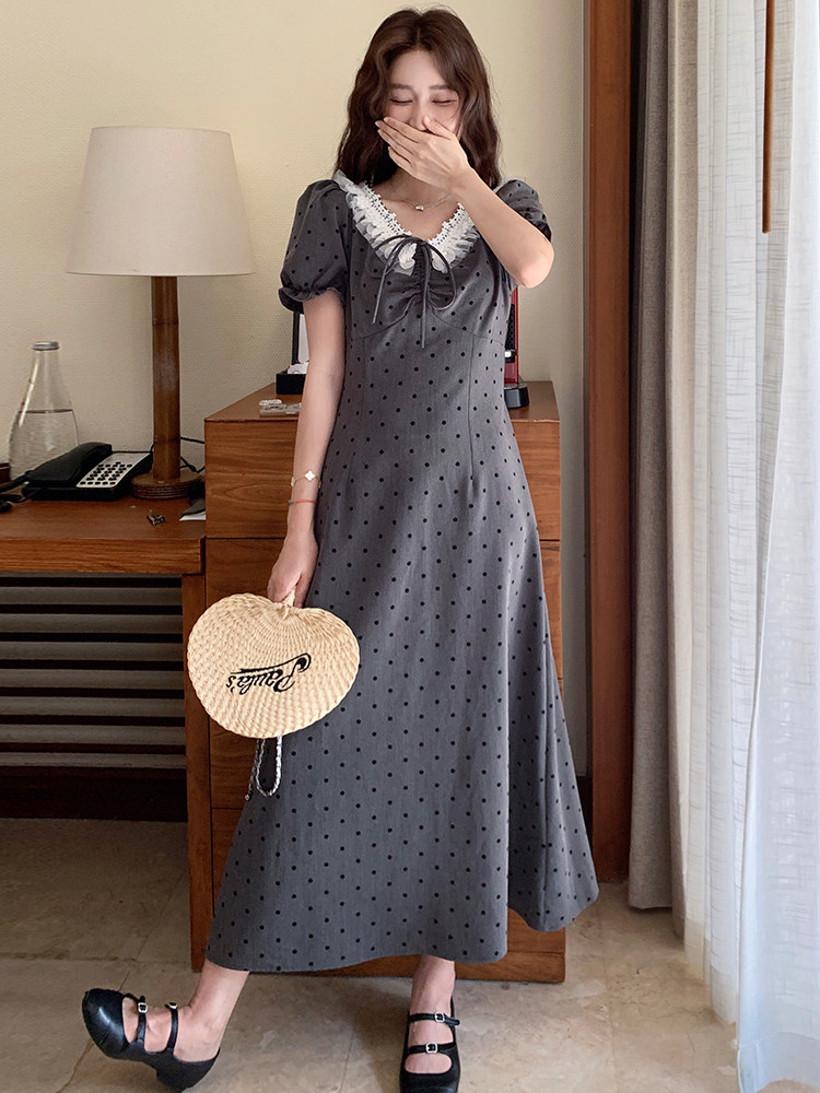 灰色波点泡泡袖连衣裙女2025夏季新款甜辣风设计感收腰显瘦长裙潮,女装连衣裙,浙宝305