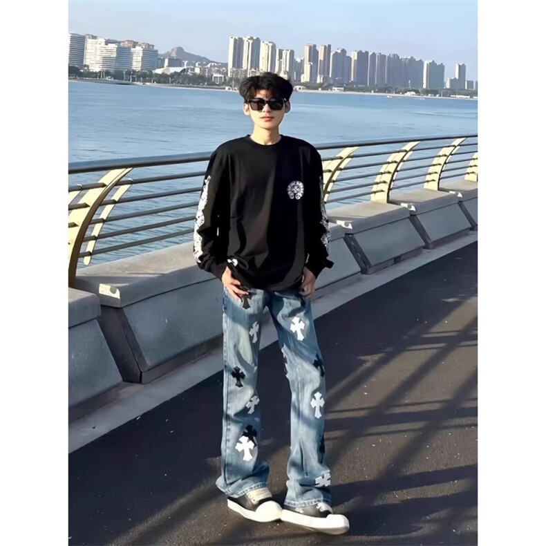 新款升级款十字架秋冬新款潮牌牛仔裤男女宽松百搭休闲长裤NZB106,男装牛仔裤,星座516A