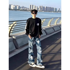 新款升级款十字架秋冬新款潮牌牛仔裤男女宽松百搭休闲长裤NZB106，男装牛仔裤，星座516A