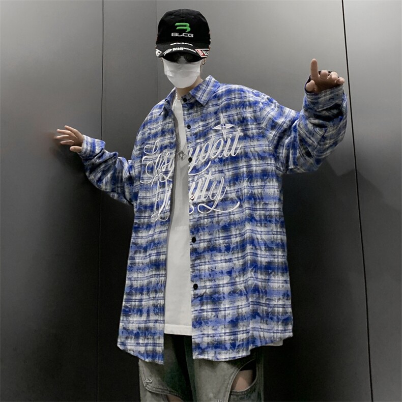 美式复古刺绣扎染格子衬衫男宽松休闲百搭情侣衬衣外套CS124-p43,男装衬衫,星座1008-1
