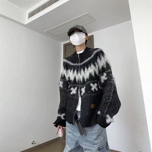 美式复古撞色慵懒风毛衣男款冬季宽松针织衫加厚保暖外套图片