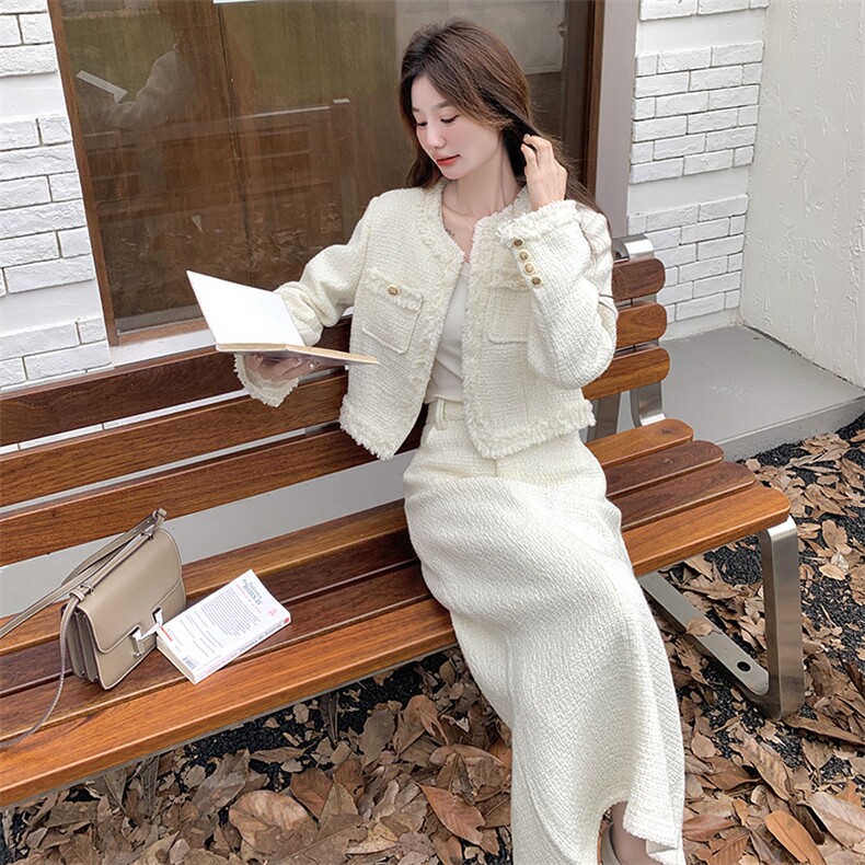 白色温柔系小香风短外套一整套穿搭气质半身裙两件套女秋2025新款,女装套装/套裙,2C037