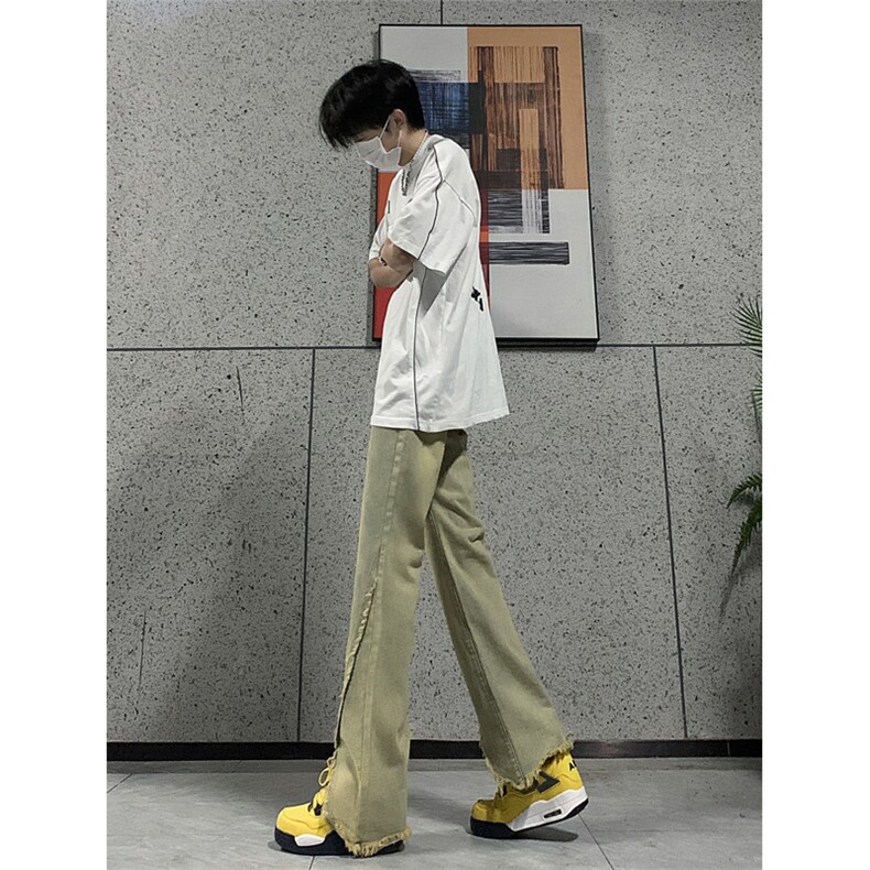 现货24春夏黄泥开叉毛边宽松牛仔裤设计感微喇休闲裤男K5803-P55,男装牛仔裤,星座205