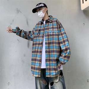 美式街头复古格子长袖衬衫男女刺绣宽松休闲百搭衬衣情侣C128/P50图片
