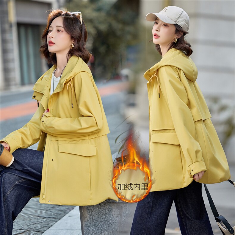 爆2025秋冬新款中长款内里加绒抽绳防风收腰显瘦休闲时尚简约外套，女装派克服，欧米莱