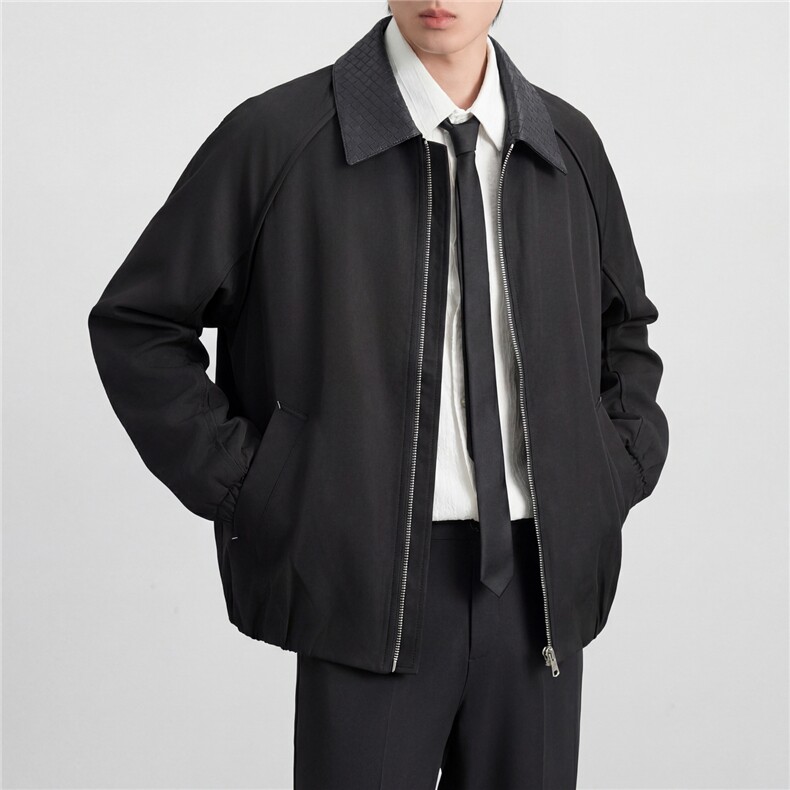 春款2026轻熟风抖音纯色休闲翻领拼皮夹克店主风A236-JK669-P130，男装夹克，电商A236