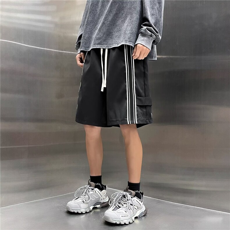 韩ins夏季宽松三杠短裤男青少年运动休闲中裤情侣阔腿五分裤子，男装牛仔裤，四季星座505