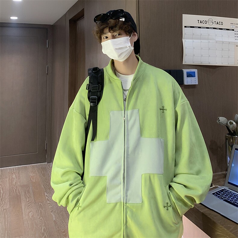 潮复古绿色夹克外套男秋季撞色拼接设计感百搭卫衣W5137-P57,男装夹克,星座512-2