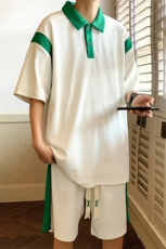 2023夏季冰丝男女运动篮球撞色翻领polo衫短袖T恤短裤套装S14/P60，男装休闲套装，星座608A