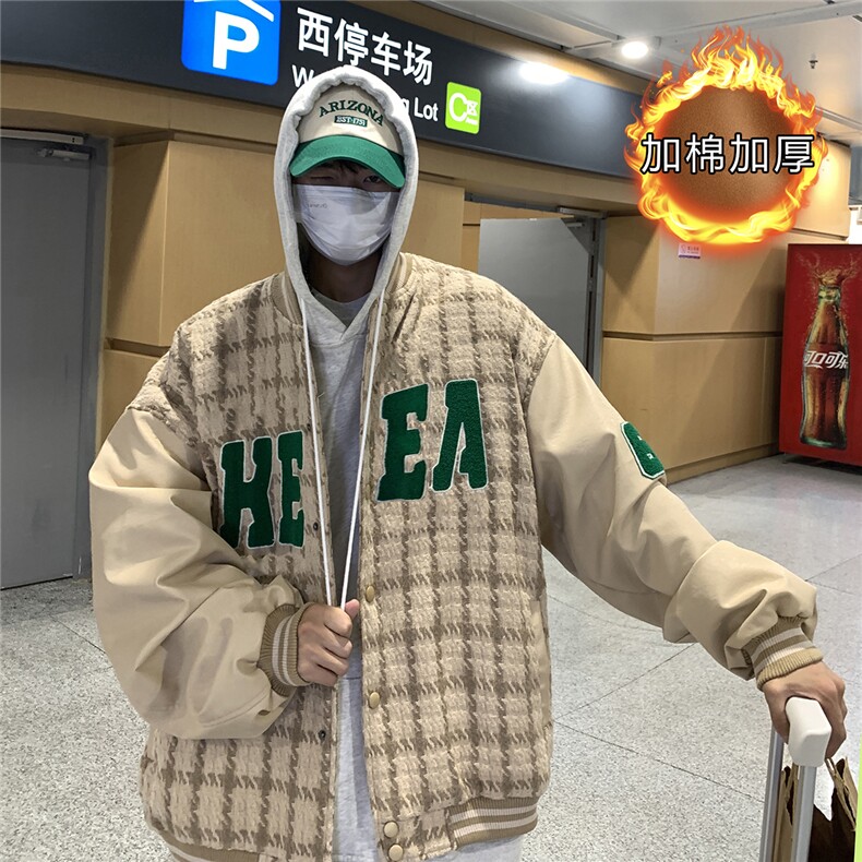 EQ85 加厚情侣秋季新款港风男棒球服夹克毛巾绣格子呢料外套 P113图片