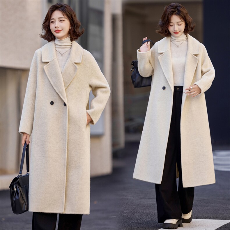 双面羊毛大衣女2025年秋冬新款气质百搭中长款显瘦100%羊毛外套，女装双面呢大衣，小荷流