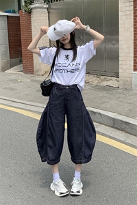 美式复古水洗弯刀牛仔裤男女高街垂感宽松七分阔腿裤子YD702-P65图片