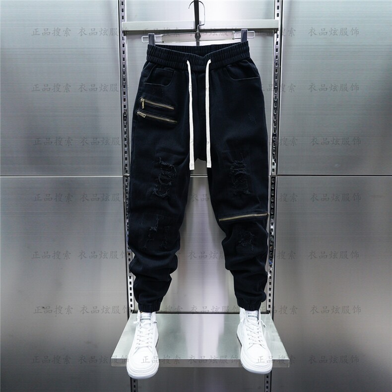 1506-1/KT11341/P53潮流男士黑灰色牛仔裤弹力拼接束脚休闲裤百搭图片