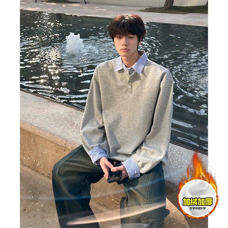 重磅加绒硬挺boxy男女美式高街假两件衬衫领长袖卫衣POLO领打底衫，男装T恤，电商A486