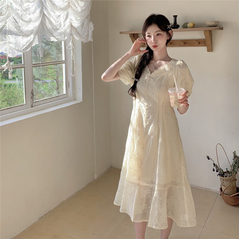 夏季新品！蕾丝花边刺绣度假风连衣裙85120黄-208A-P145-K255，女装连衣裙，浙宝208A