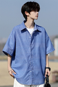 8XL-M短袖衬衫男夏宽松慵懒风痞帅条纹格子衫半袖外套DC28005P40图片