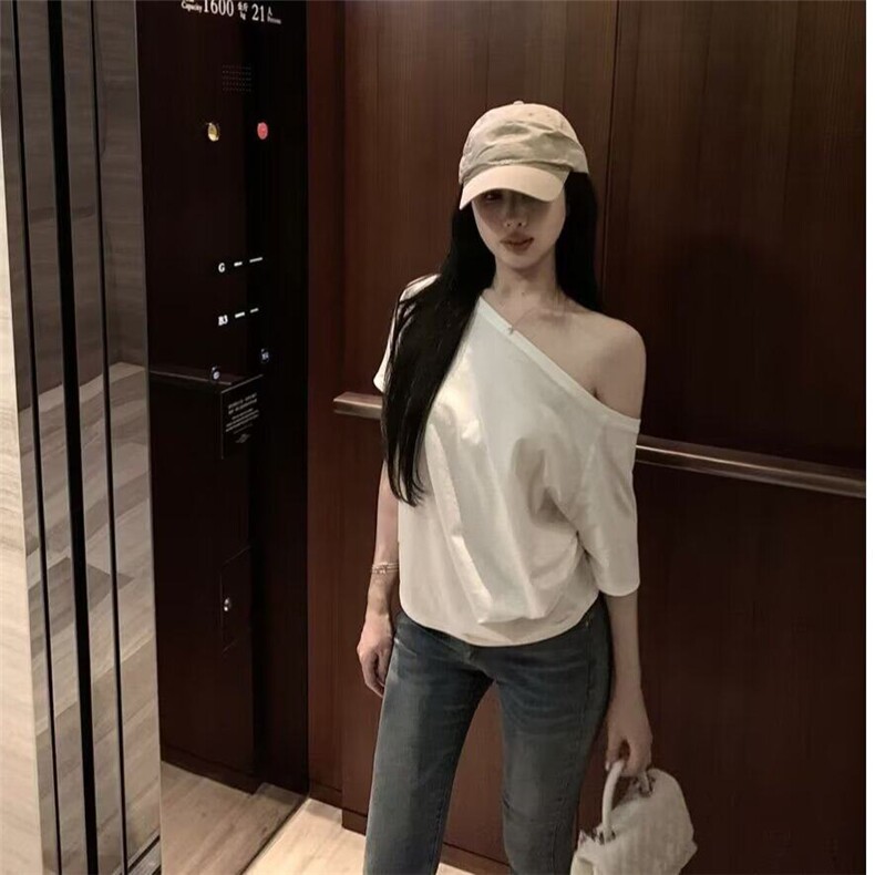 个性辣妹斜肩短袖宽松T恤女夏季新款休闲不规则纯色百搭学生上衣t,男装T恤,星座506A