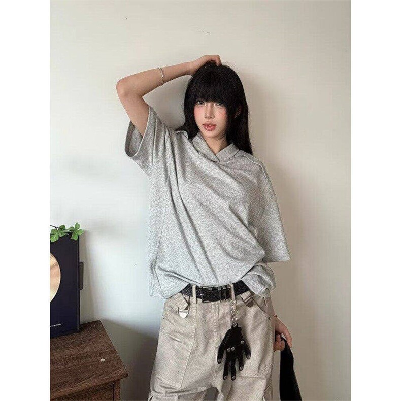 现货美式复古设计感不规则短袖T恤男女宽松百搭polo衫WLX399-P33图片