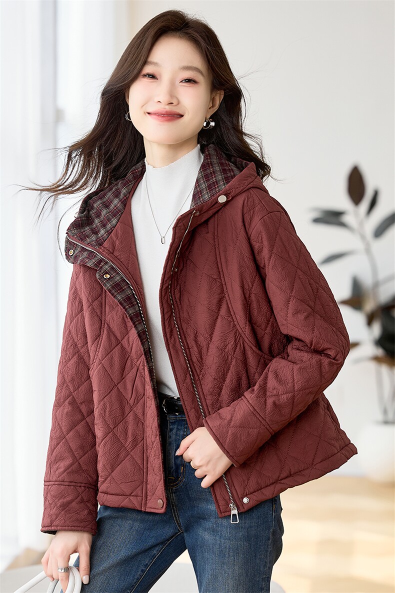 现货2024冬季新款菱格百搭休闲连帽夹棉棉衣外套,女装棉衣/棉服,深水步