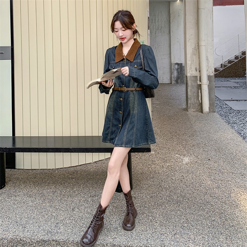 （）2026春装新复古色牛仔连衣短裙（配腰带）1D060-165-258,女装连衣裙,1D060