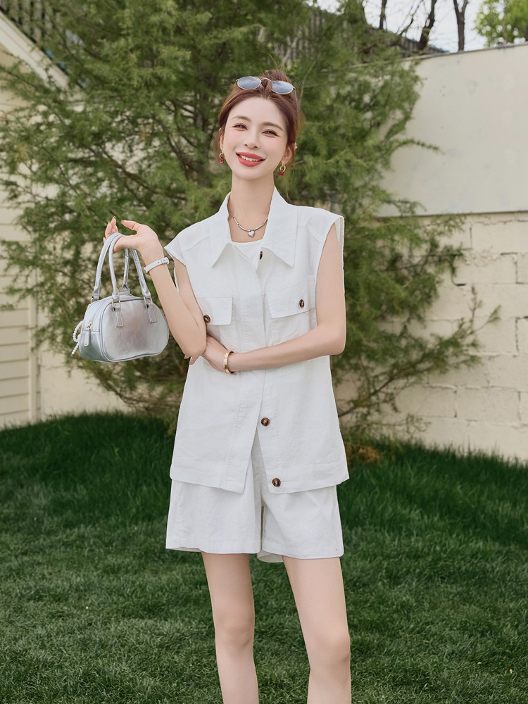 2025夏装新款气质亚麻小衫开衫短裤两件套女,女装套装/套裙,苗苗