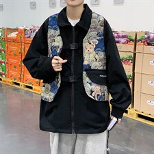 高街复古拼接小熊夹克衫假两件M-4XL宽松春季工装男日系W2531-P60图片