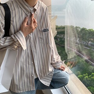 2025秋装条纹衬衫男装长袖港风休闲潮牌宽松衬衣外套CS713P45控59图片