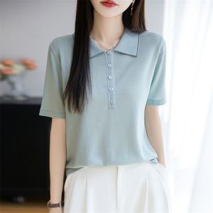 天丝polo衫女2025夏季宽松烫钻薄款正肩短袖翻领针织衫上衣t恤新图片