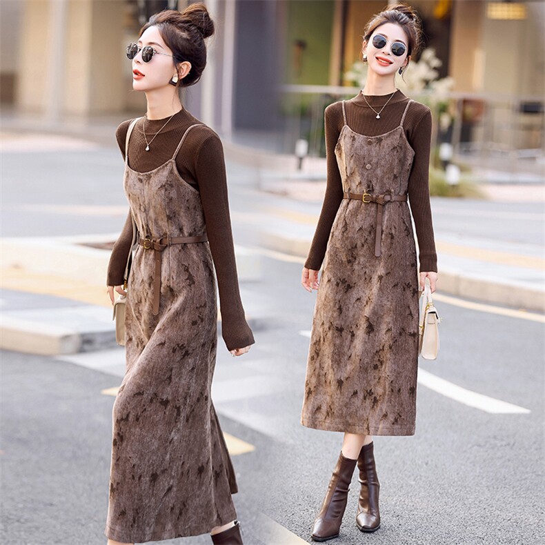 高端法式复古吊带连衣裙两件套女秋冬款时尚内搭套装毛呢背带裙子，女装套装/套裙，盈茜