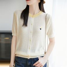 莱赛尔天丝针织短袖开衫女圆领甜美爱心拼色半袖T恤宽松打底上衣，女装蕾丝衫/雪纺衫，菲奥羊绒