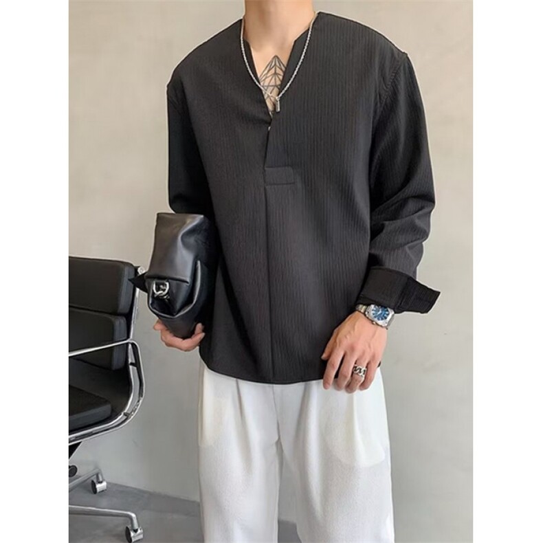 轻奢韩版宽松套头长袖衬衫男秋季ins痞帅V无领免烫衬衣C685，男装衬衫，星座1116A（原606A-3）