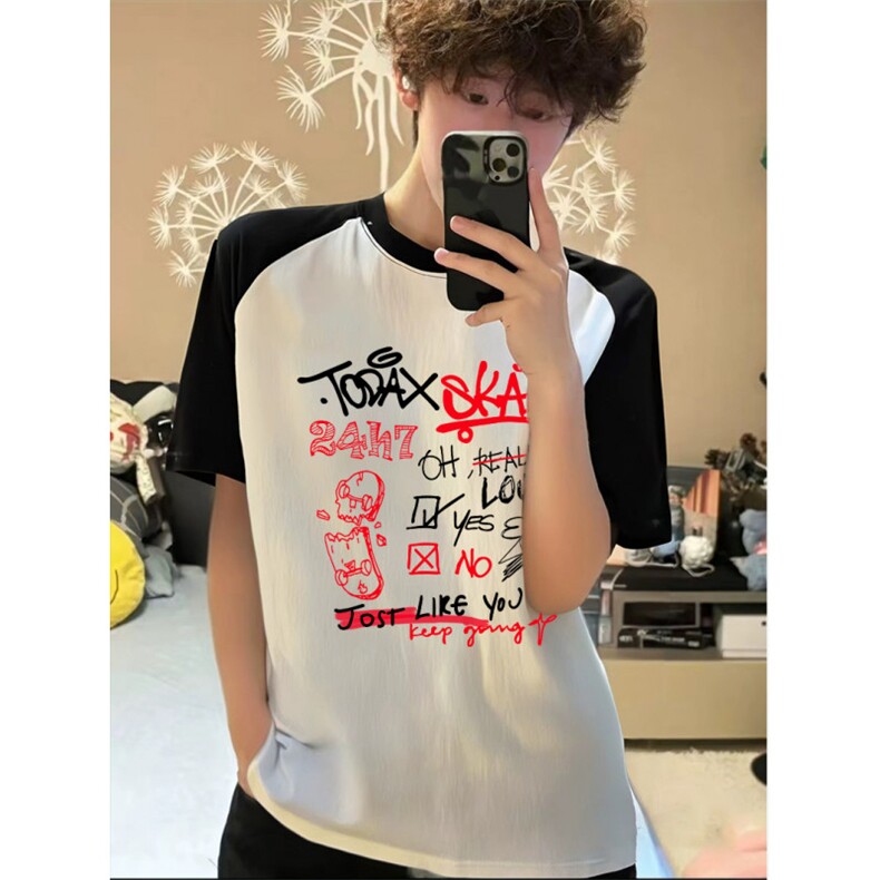 抖音得物高品质二开240克宽松纯棉美式潮牌插肩袖拼接短袖T恤,男装T恤,电商A486