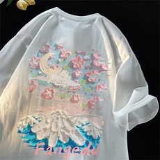 油画印花短袖t恤男款夏季美式复古潮牌青少年七分体恤宽松半截袖，男装T恤，星座617B