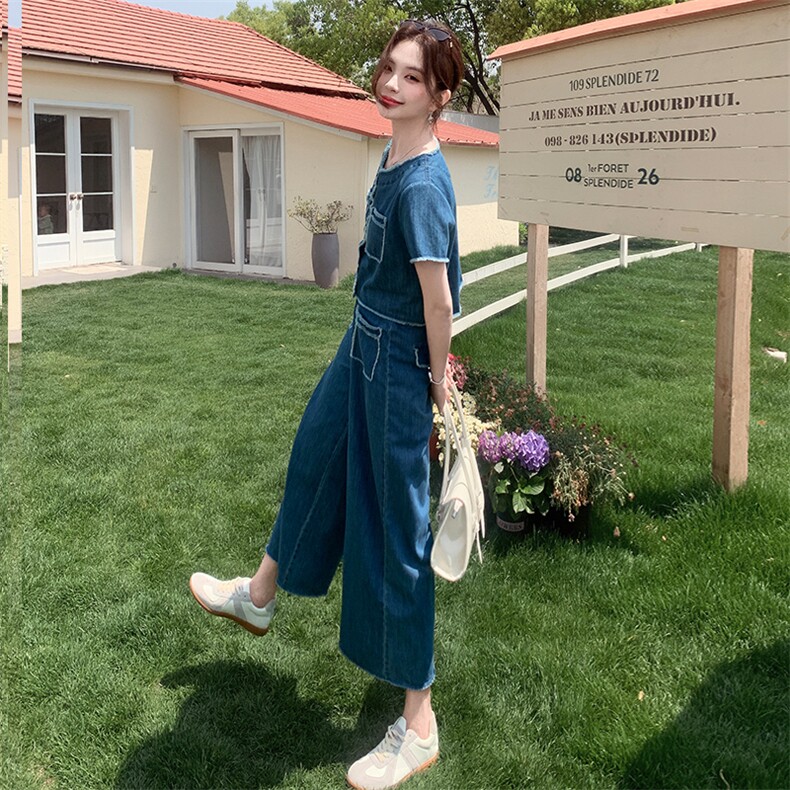 休闲时尚毛边牛仔套装女2025年夏季新款宽松气质减龄阔腿裤两件套，女装套装/套裙，浙宝二楼003号